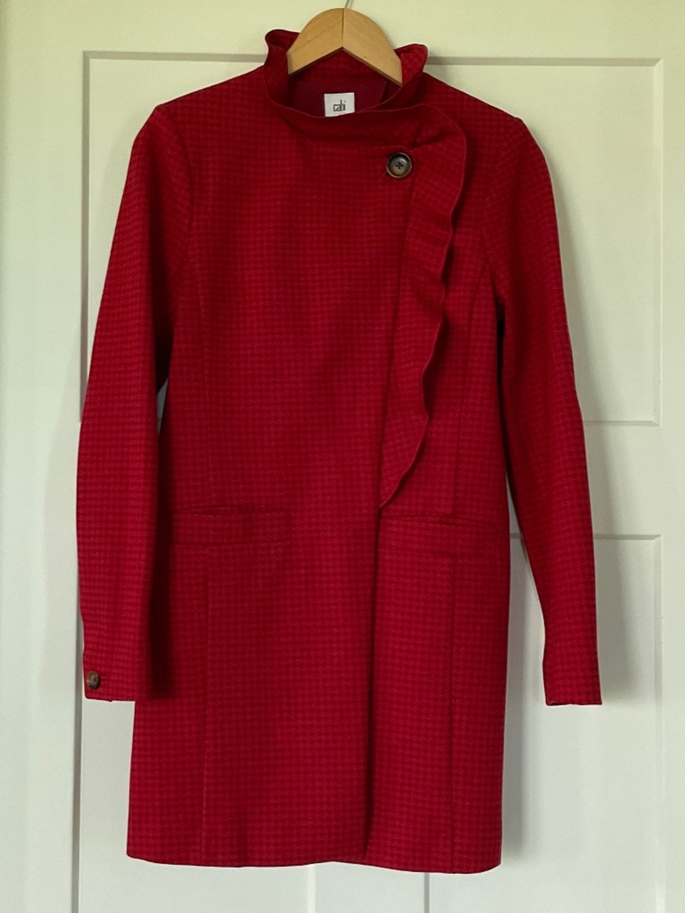 Cabi Celebration Jacket #3546 Houndstooth Long Ruffled Mock Neck One Button